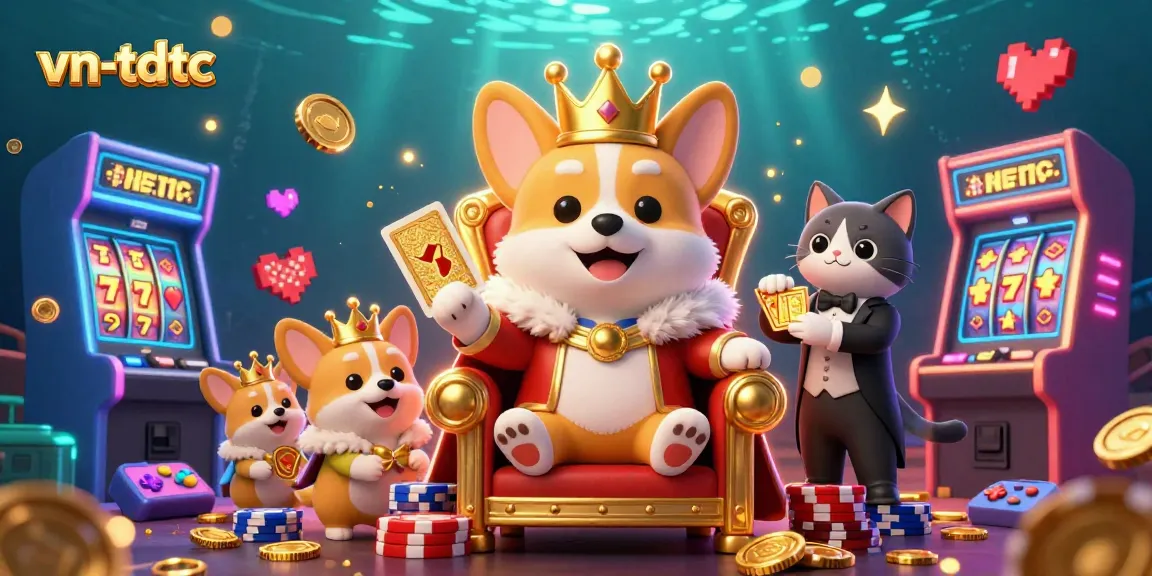 Engaging vn-tdtc illustration showing a royal corgi on a throne, surrounded by slot reels and arcade elements