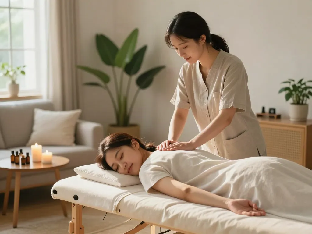 Enjoying a soothing 용인출장마사지 in a peaceful home setting.