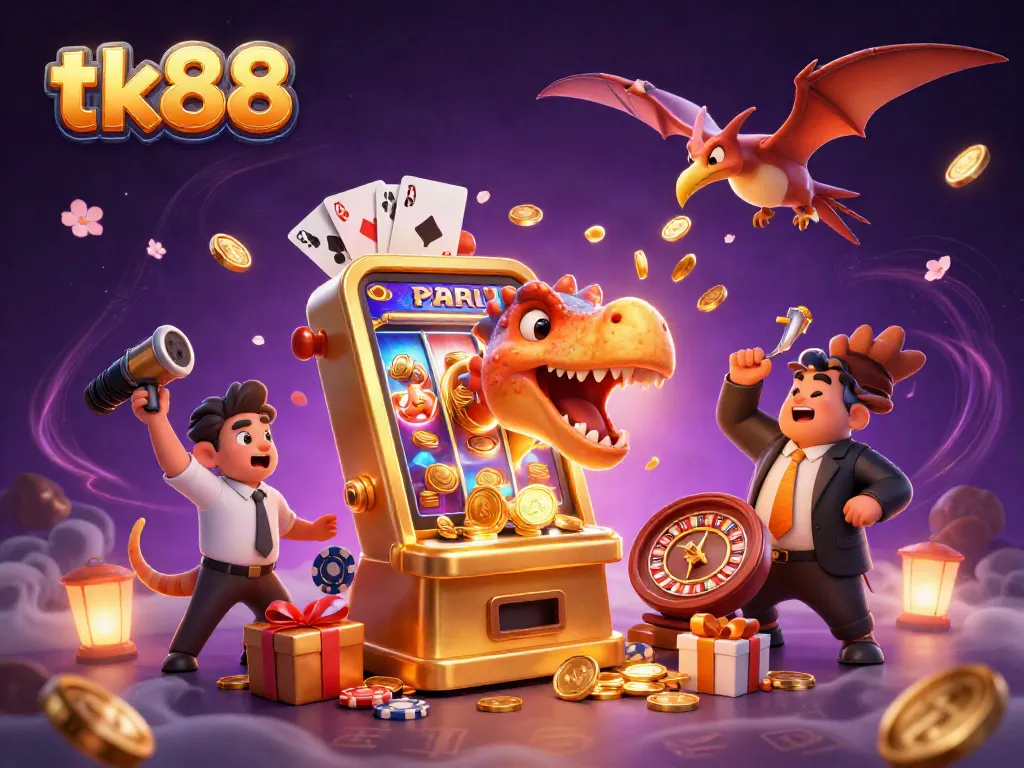tk88 themed casino illustration with cartoon dinosaurs interacting around golden slot machine and casino elements.