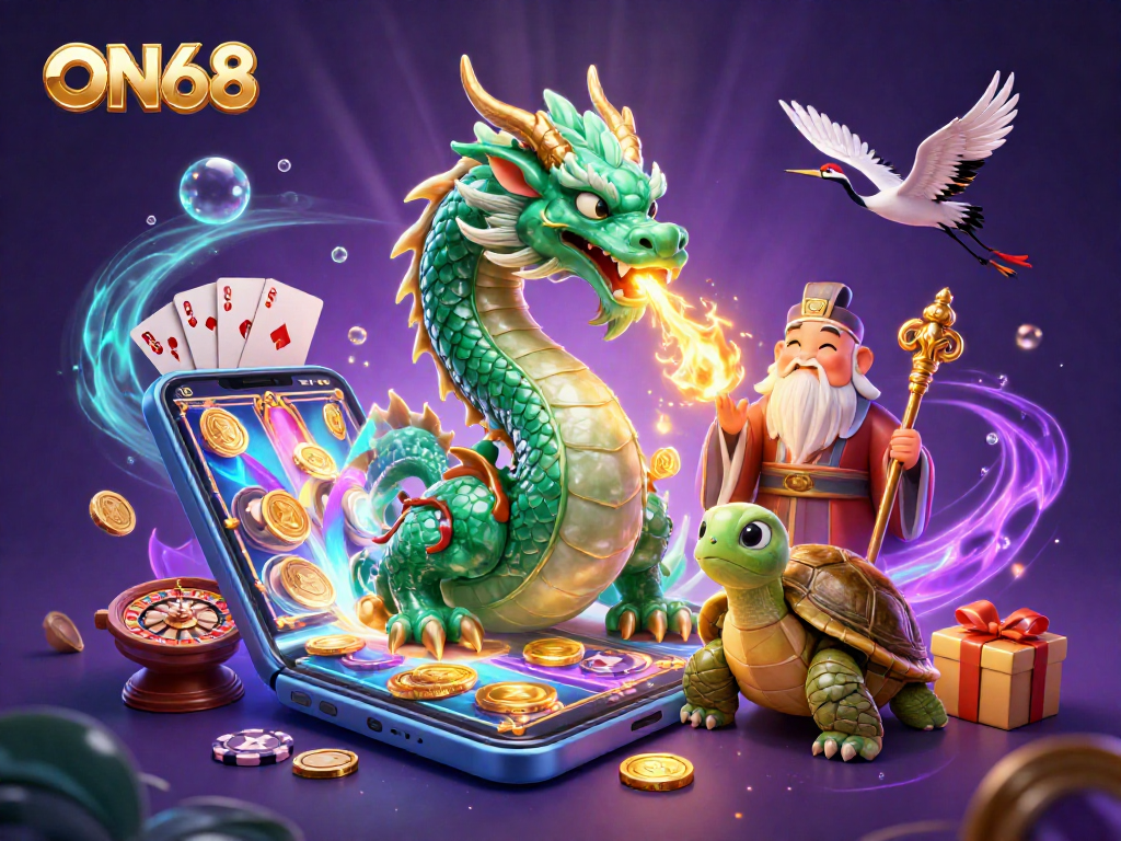 Engage with ON68's thrilling gaming scene featuring a dragon, sage, and cranes amidst vibrant casino elements.