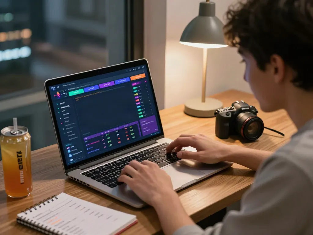 Engaged user exploring peh888 sports betting platform on laptop amid dynamic workspace.
