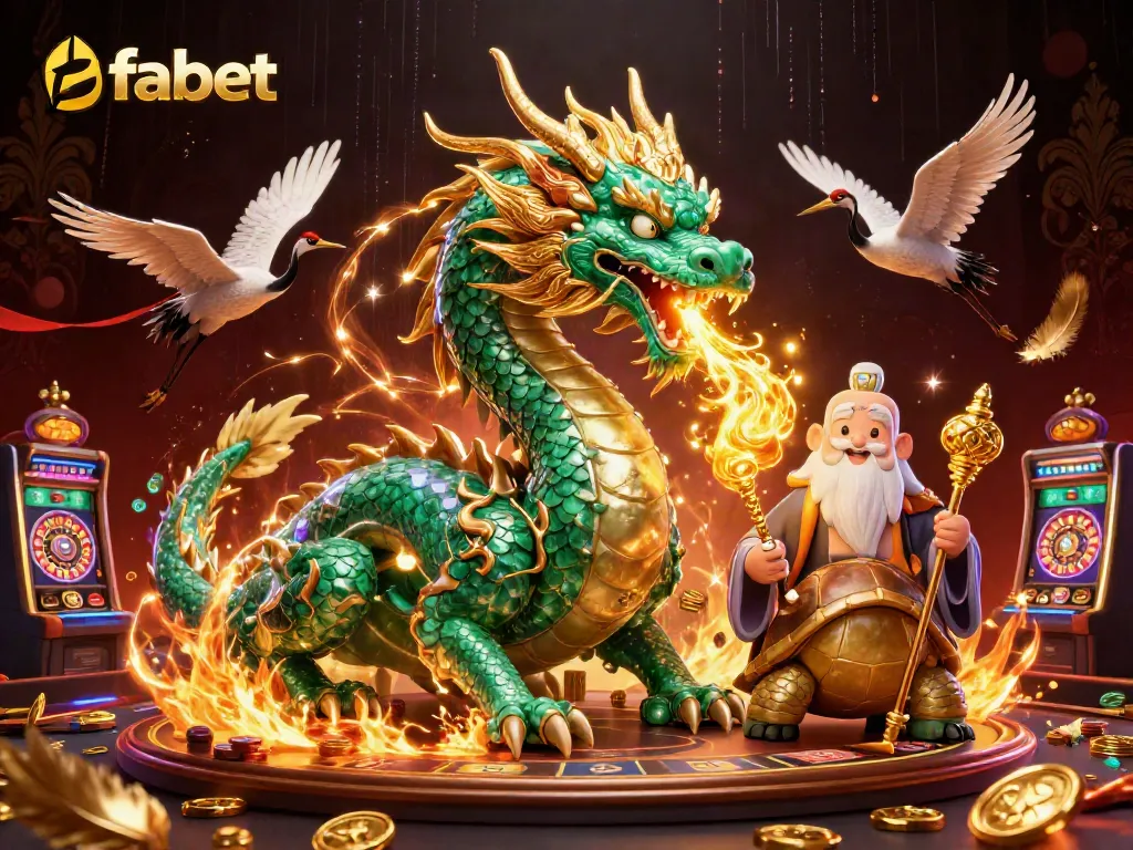 Experience thrilling gameplay at fabet with energetic dragon and turtle in a dynamic casino scene.