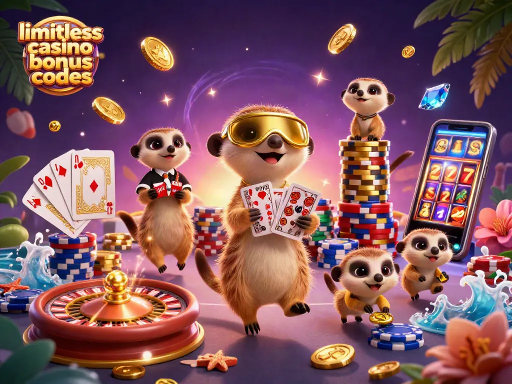Participate in casino fun with limitless casino bonus codes, featuring meerkats engaged in gambling action.
