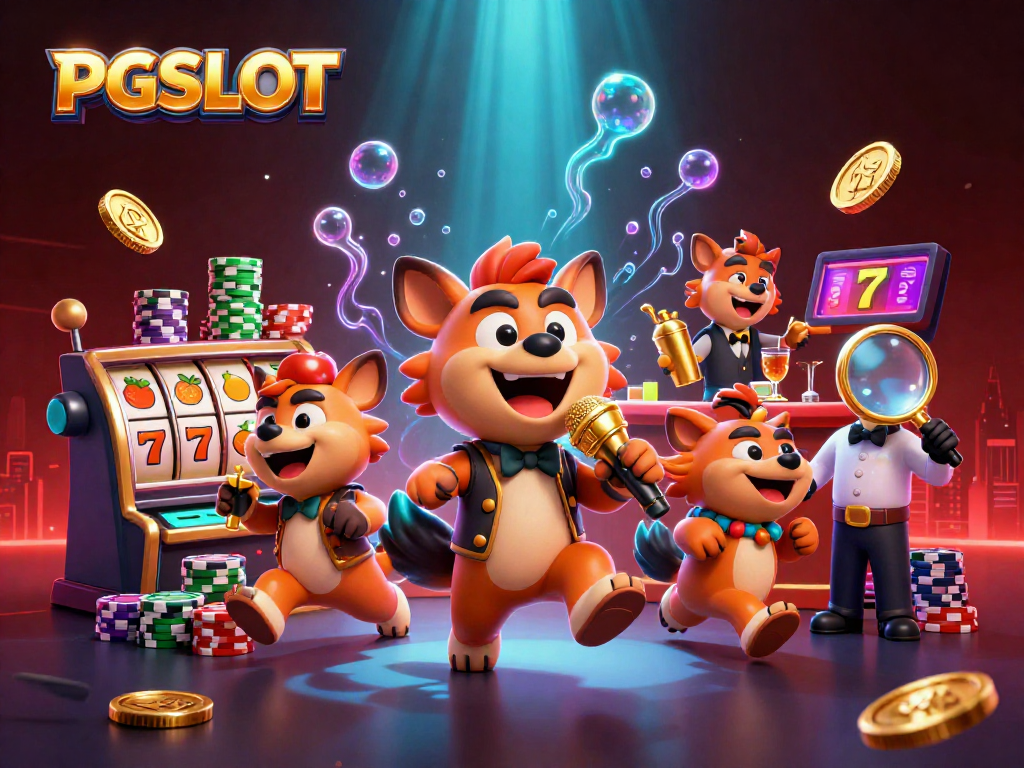 PGSLOT hyenas bring the excitement of a casino to life in a vibrant 3D scene with jackpots and laughter.