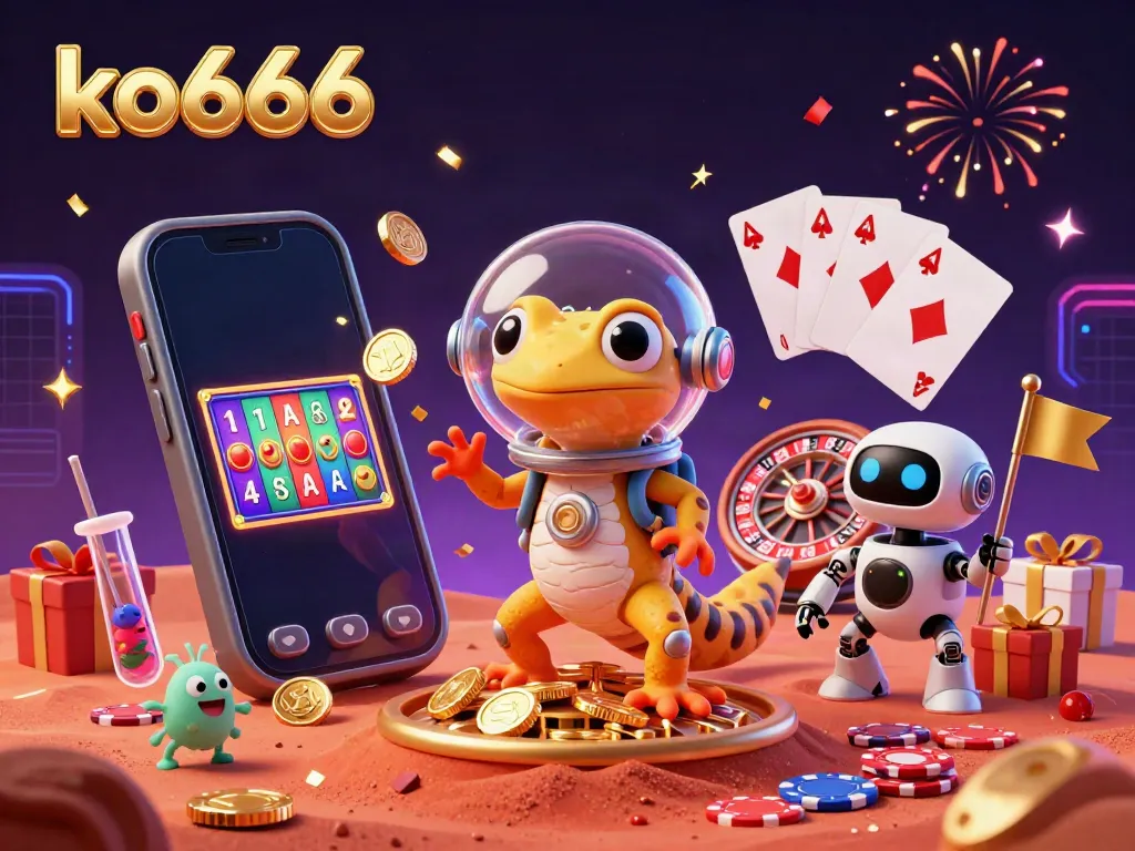 Spin and win with ko666 in this vibrant casino-themed 3D illustration featuring playful Martian characters.