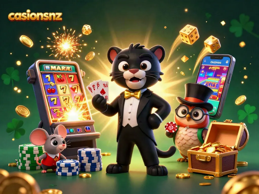 Experience the thrill at casinosnz with our lively 3D illustration showcasing a stylish panther dealer and playful friends.