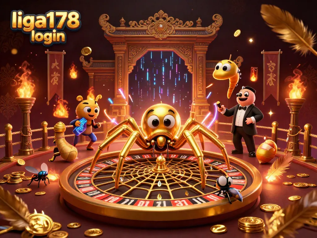 Gambar liga178 login dengan laba-laba emas 3D dan pengalaman kasino yang menawan.