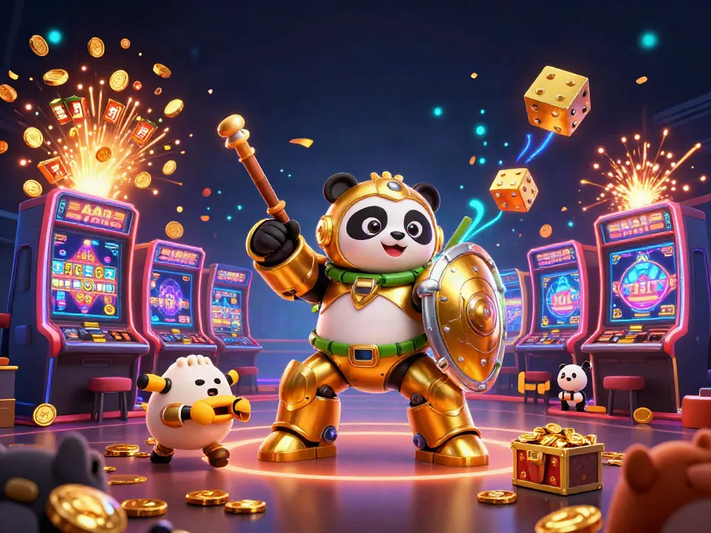 Situs slot gacor scene featuring a golden panda and bamboo robot amid slot machine celebrations