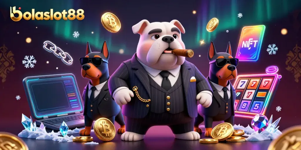 Engage with bolaslot88's vibrant casino scene featuring a mafia bulldog, glowing crypto coins, and slot machines.