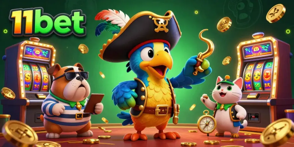 Experience thrilling gameplay at 11bet with an engaging casino scene featuring a vibrant pirate captain and playful companions.