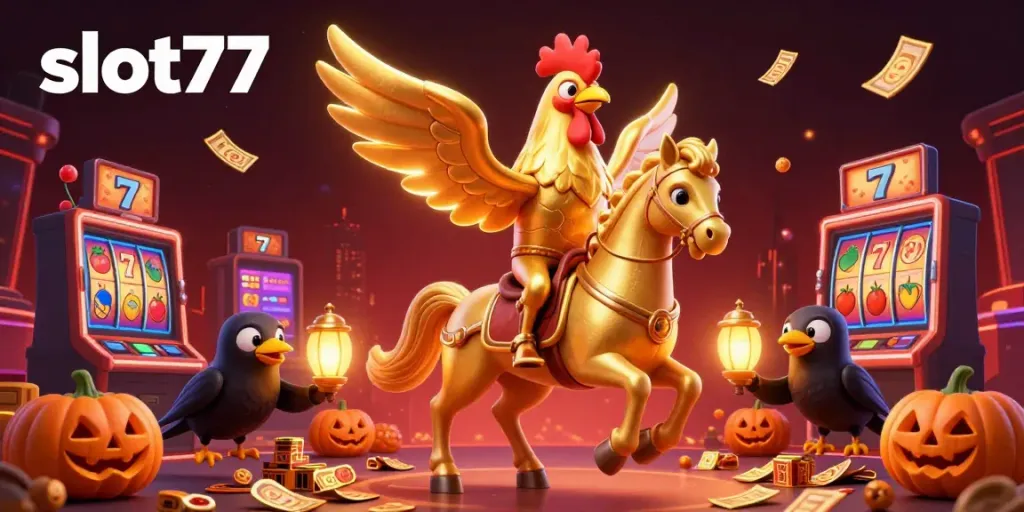 Mengguncang slot77, ayam emas tanpa kepala menunggang kuda spektral di kasino malam, dikelilingi simbol permainan menarik.