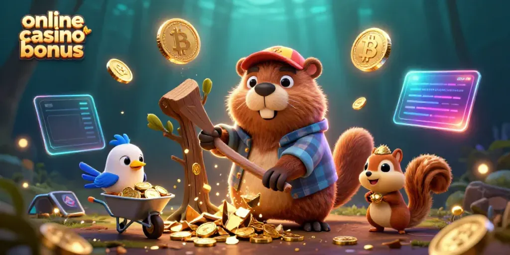 Engage with top online casino bonuses depicted in a vibrant 3D scene of a beaver, bird, and squirrel among gold coins.