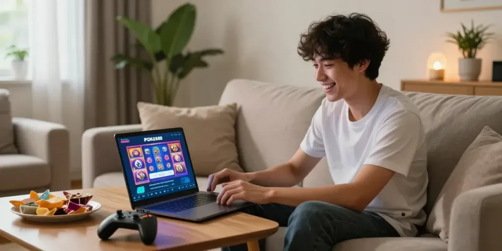 Enjoying a lively gaming session with the poka88 link login on a laptop in a cozy living room.