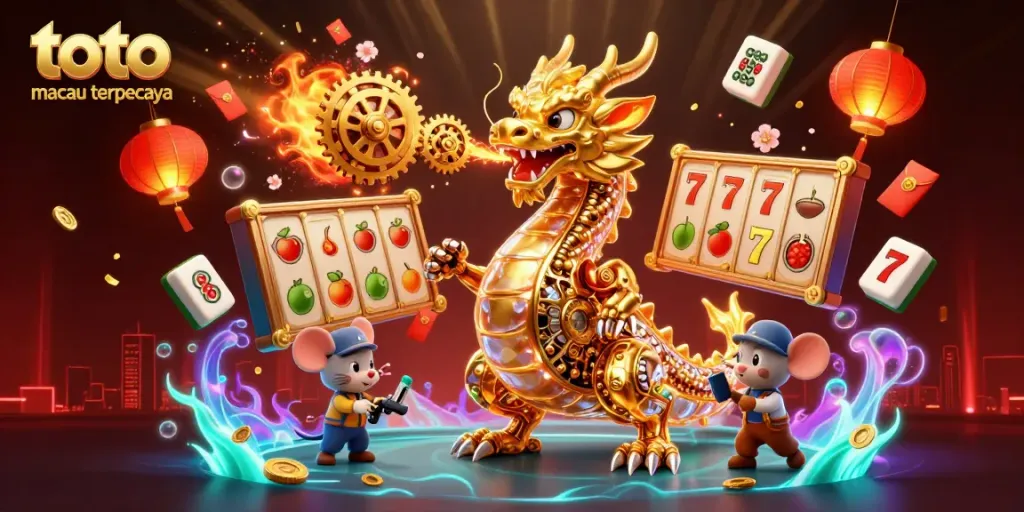 Menangkan permainan di toto macau terpercaya dengan keberuntungan dari naga emas dan simbol slot berkilau.