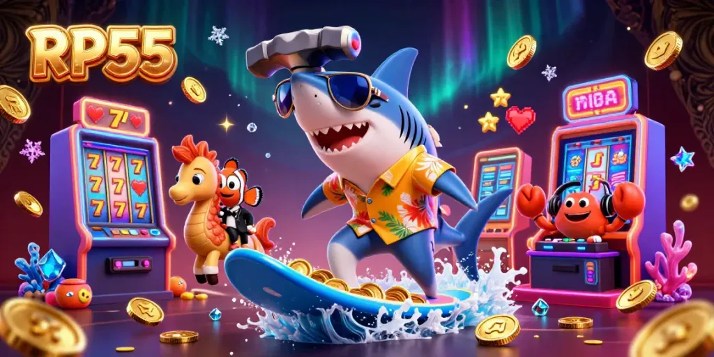 Engage with RP55 by spinning the reels for exciting jackpots amid vibrant underwater characters and casino gold.
