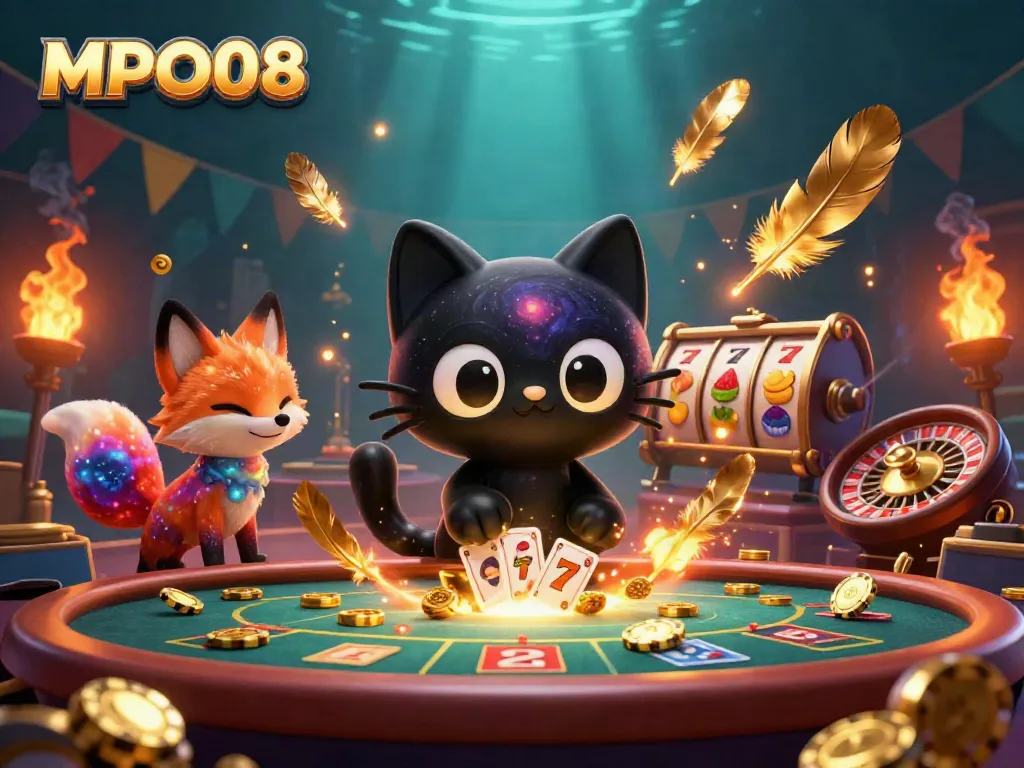 Engaging MPO08 themed illustration showing a black hole cat at a cosmic casino table, with vibrant atmosphere.