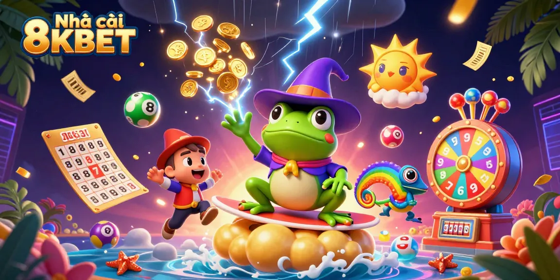 Engage with Nhà cái 8KBET's thrilling atmosphere in a vibrant 3D animated casino scene.