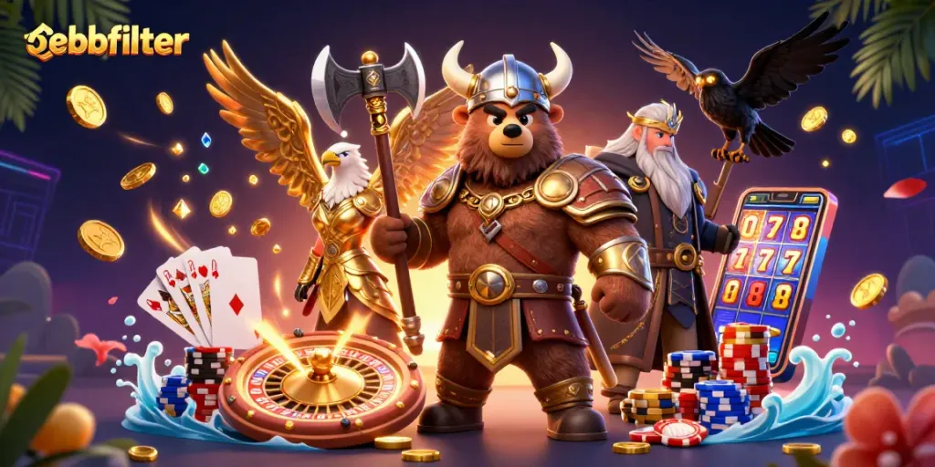 Experience thrilling gameplay with ebbfilter featuring Viking bear, Valkyrie eagle, and casino elements.