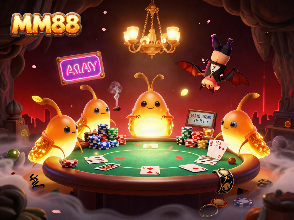 Experience excitement at the MM88 poker table with glowworms lighting up a vibrant casino scene.