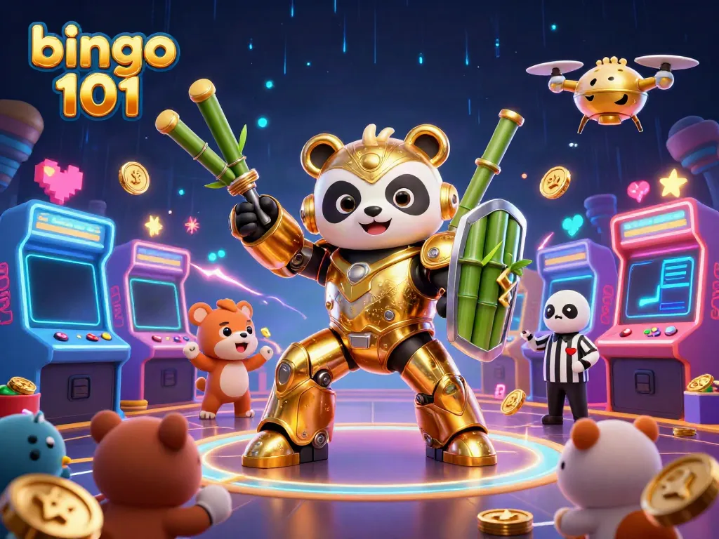 Permainan bingo 101 yang interaktif dengan panda emas dan robot bambu dalam arena yang penuh warna.