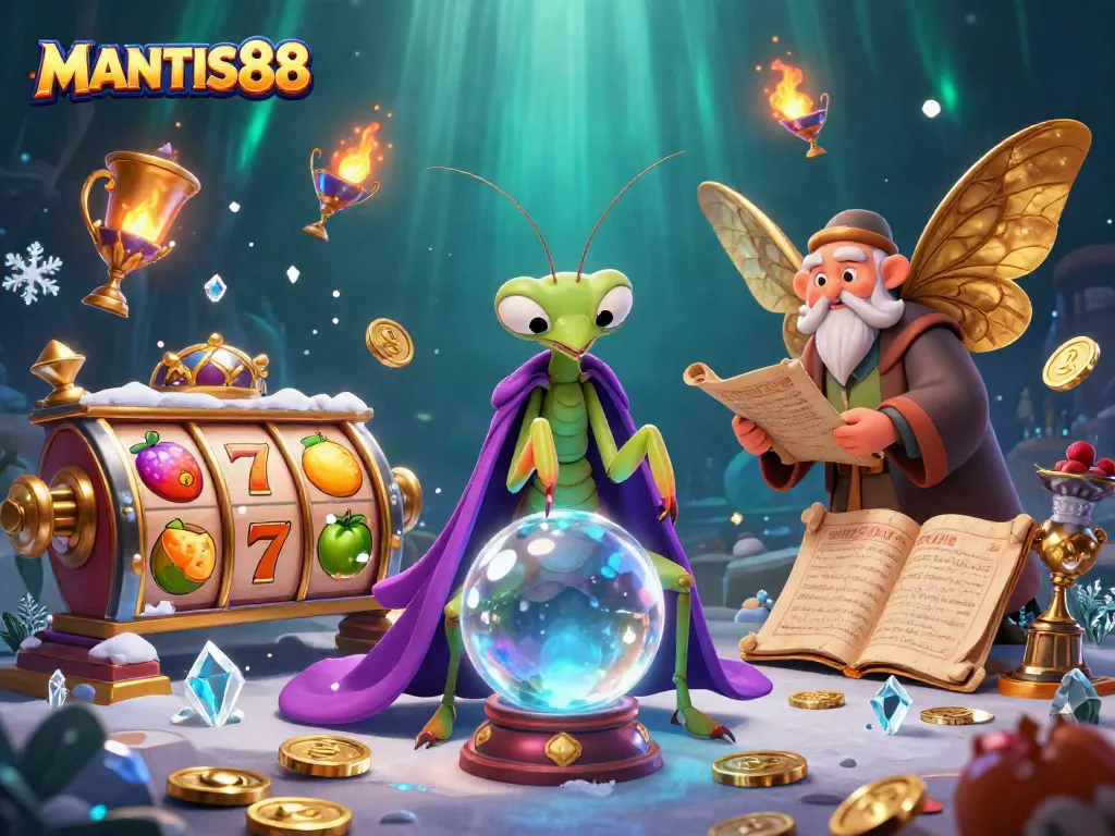 Experience excitement with MANTIS88 in a vibrant slot gaming scene featuring a fortune teller and mystical oracles.