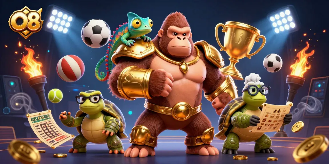 Engage in thrilling gaming with O8 as a gorilla king, chameleon spy, and wise tortoise guide your bets.