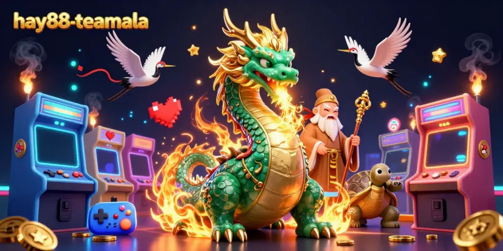 Experience the magical scene of hay88-teamala featuring a majestic emerald jade dragon, a wise turtle sage, and lucky cranes amidst glowing gaming elements.
