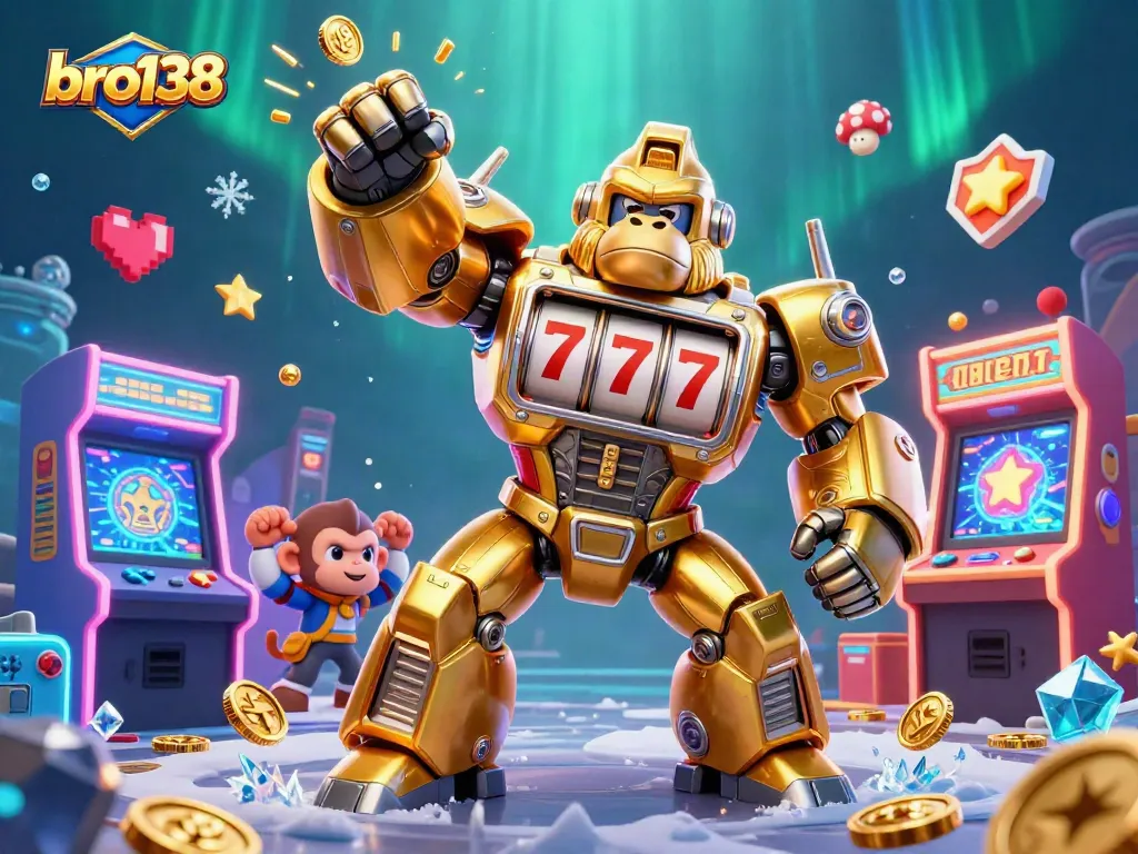 Experience thrilling gameplay with bro138's golden gorilla mech amid vibrant casino elements and stunning visuals.