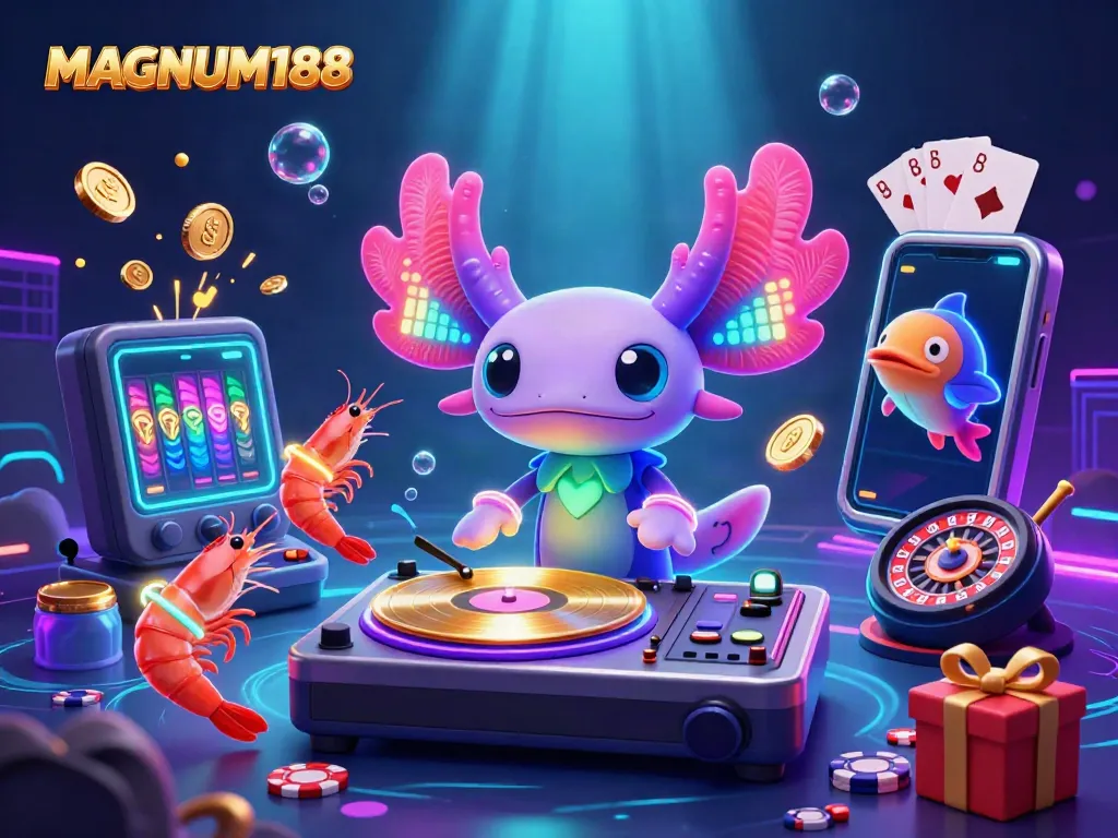 Experience the thrill of MAGNUM188 with a vibrant underwater casino party featuring a DJ axolotl.