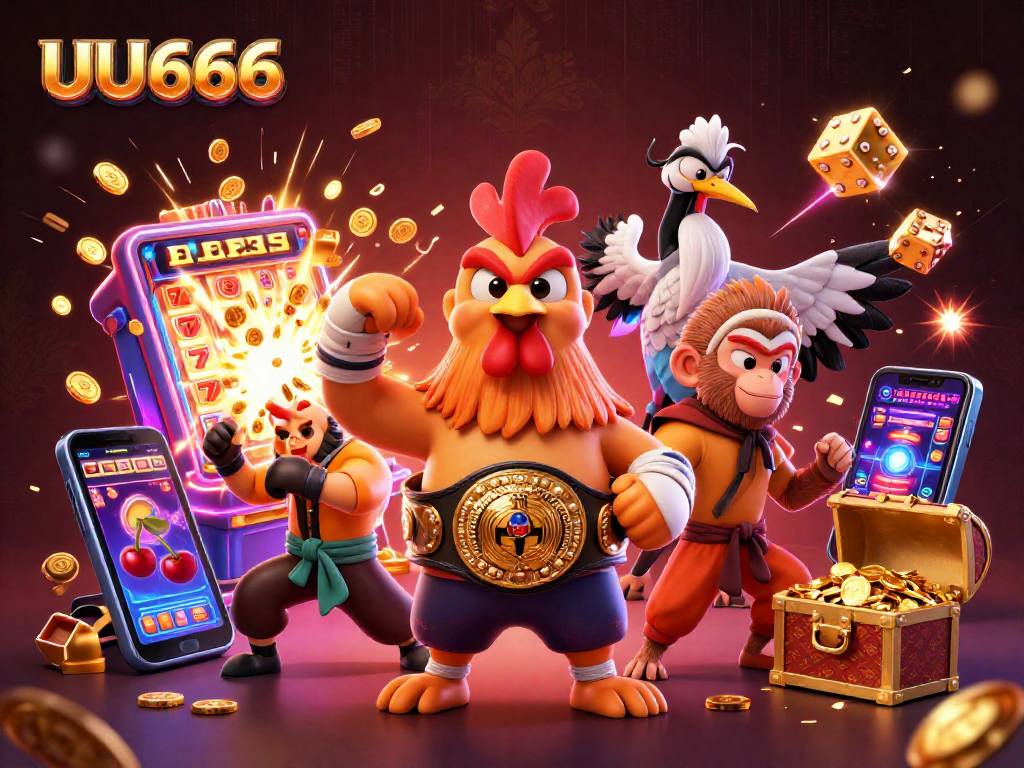 Experience vibrant gameplay with UU666 featuring animated Muay Thai rooster, Shaolin monkey, and wise crane in a dynamic casino scene.