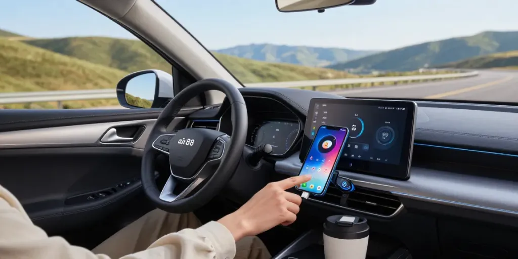 Pengemudi muda menggunakan air88 adapter Bluetooth sambil bersantai dalam mobil modern dengan pemandangan indah.