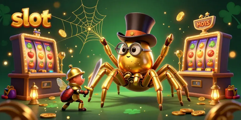 Spin the slot reels with a bold golden tarantula and a brave beetle knight in a dynamic casino scene.
