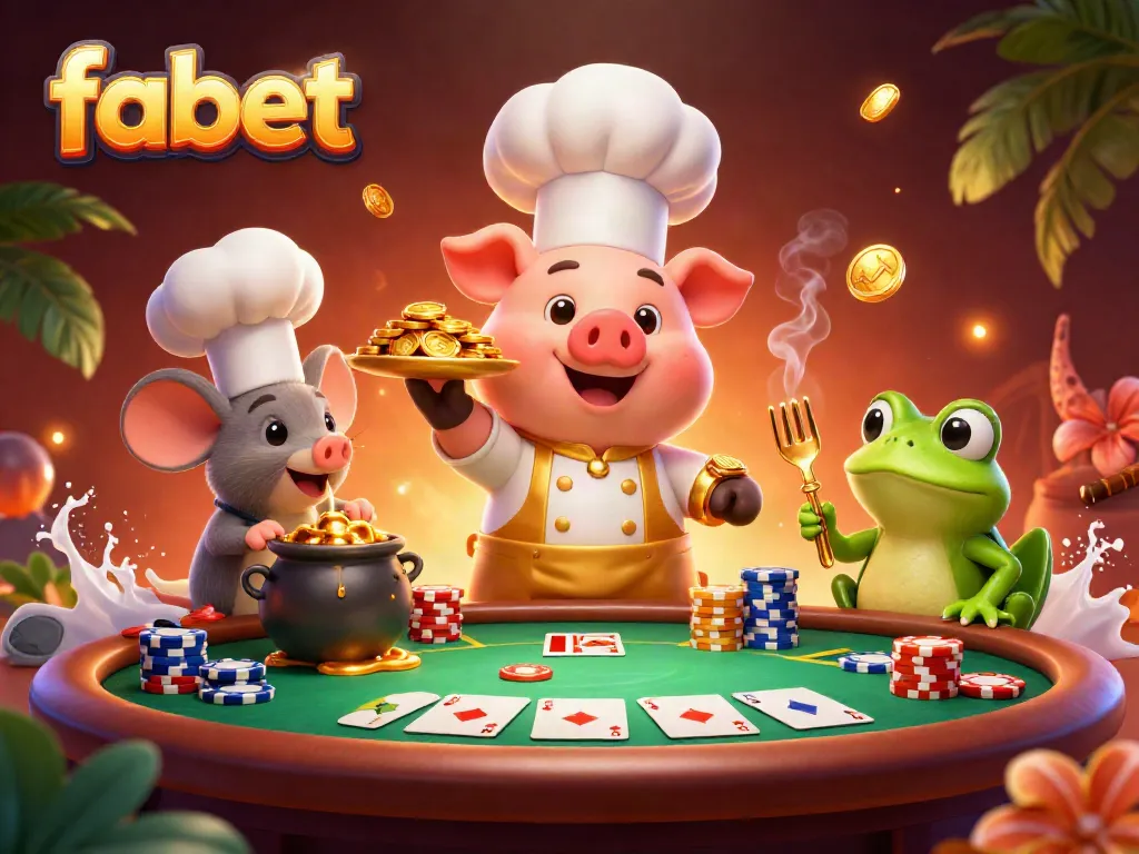 Join the fun at fabet as the chef pig serves up golden rewards amidst poker excitement.