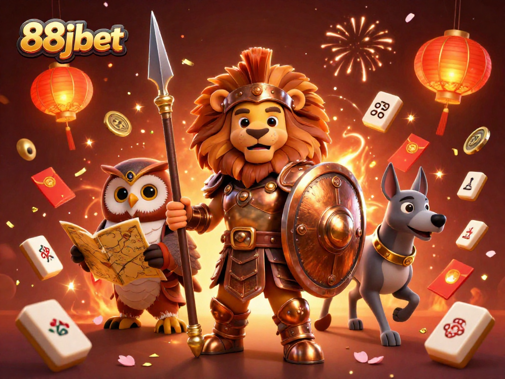 Engage with 88jbet's vibrant 3D casino scene featuring a Spartan lion and animated festivities.