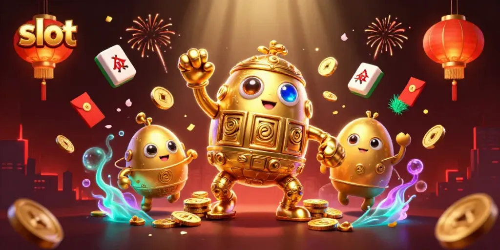 Permainan slot seru dengan makhluk golem emas dan simbol mesin slot, menyajikan momen kemenangan.