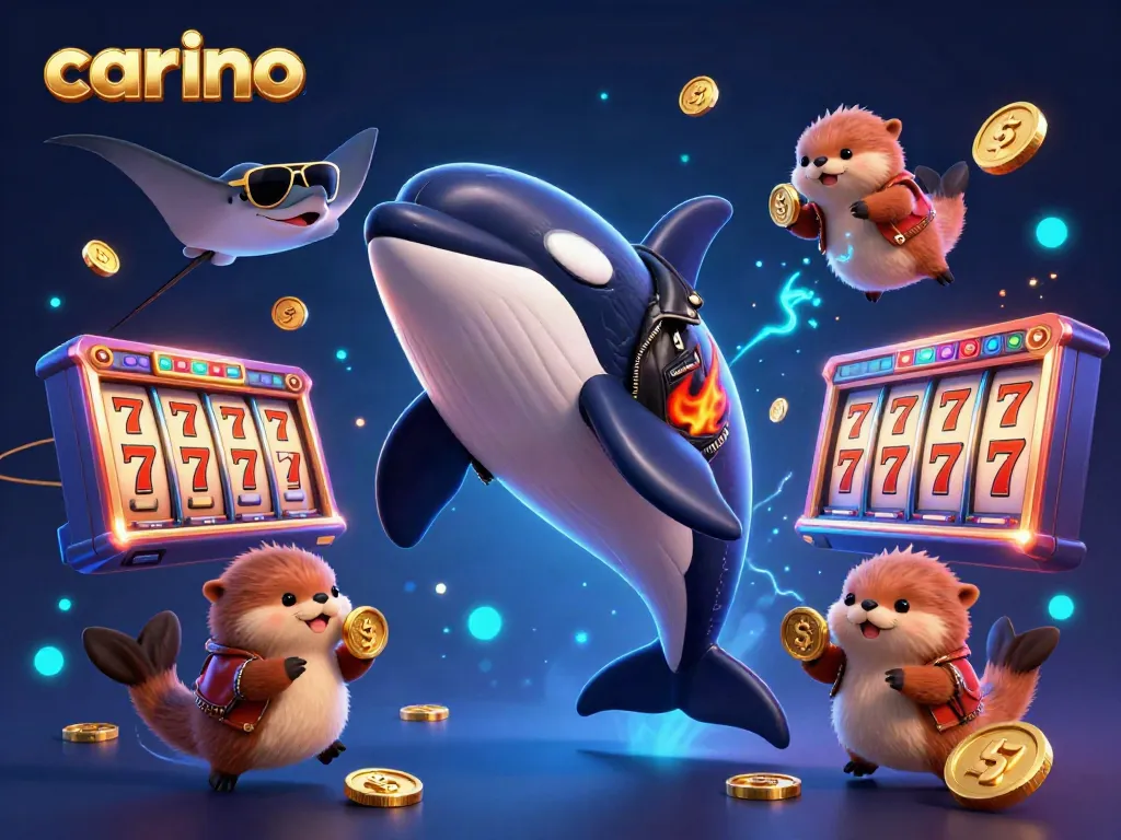 Engage with carino's exciting casino atmosphere featuring a lively orca and sea otters surrounded by slot machines and vibrant energy.