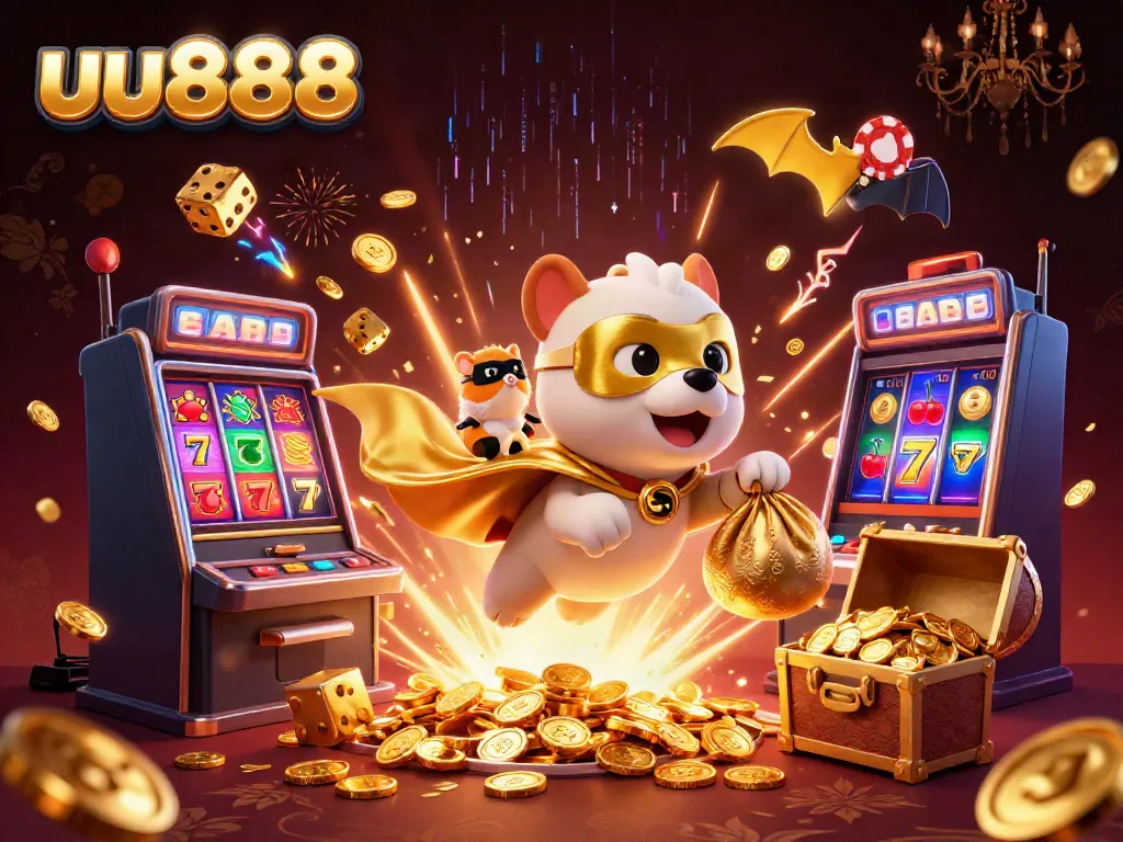 Experience thrilling gameplay with uu888's vibrant casino scene featuring a superhero dog and hamster.