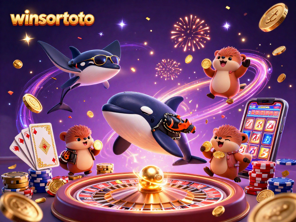 Menang dengan winsortoto melalui ilustrasi kasino digital yang meriah dengan karakter laut dan elemen permainan.
