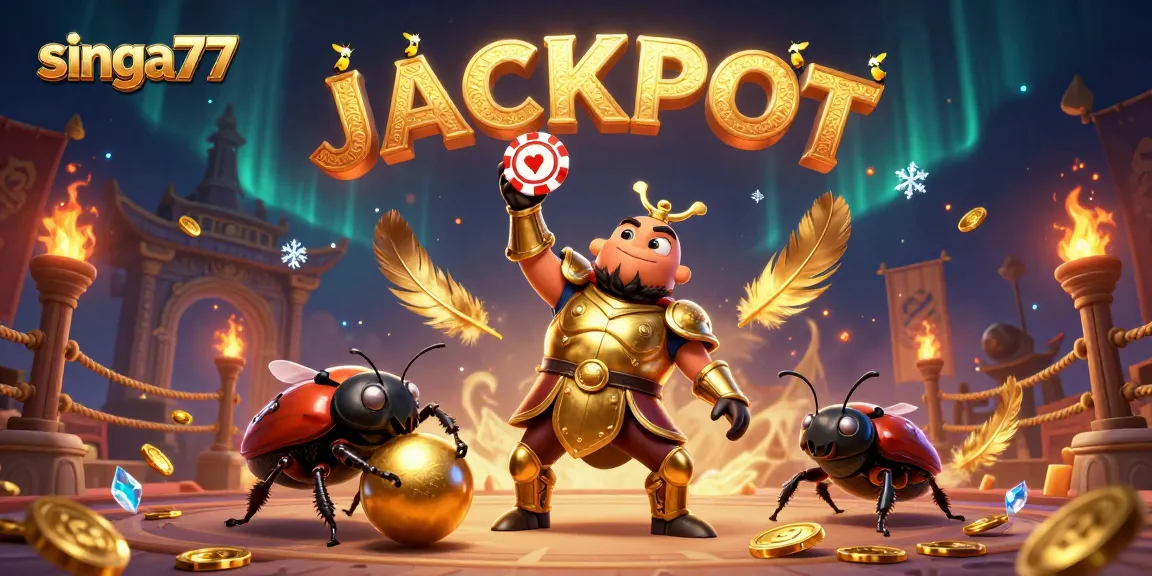 singa77 showcases a joyous hercules beetle proudly holding a poker chip with gold coins and vibrant casino elements