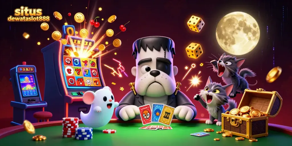 Permainan slot dengan karakter situs dewataslot888, bulldog Frankenstein dan anak kucing werewolf di meja kartu.