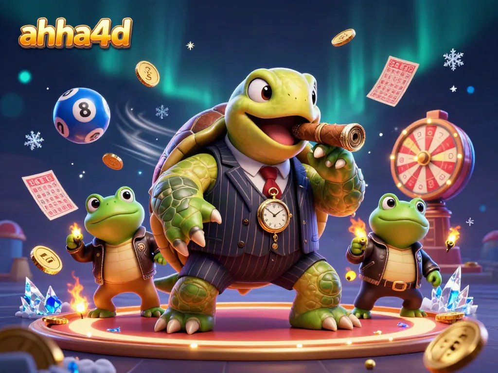 Win with ahha4d's dynamic lottery scene featuring a snapping turtle in a mobster suit!
