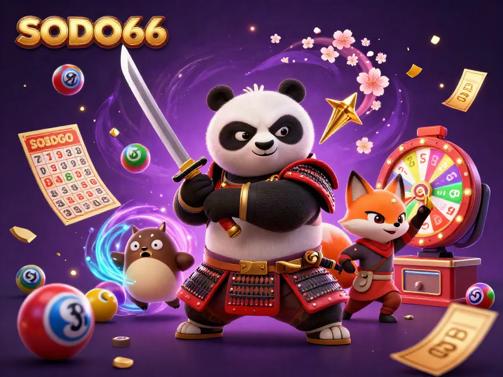 SODO66 engages gamers with a dynamic casino theme featuring a samurai panda, ninja fox, and vibrant game elements.