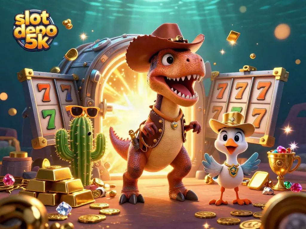Spin the reels at slot depo 5k with a fun 3D T-Rex cowboy and vibrant slot symbols.