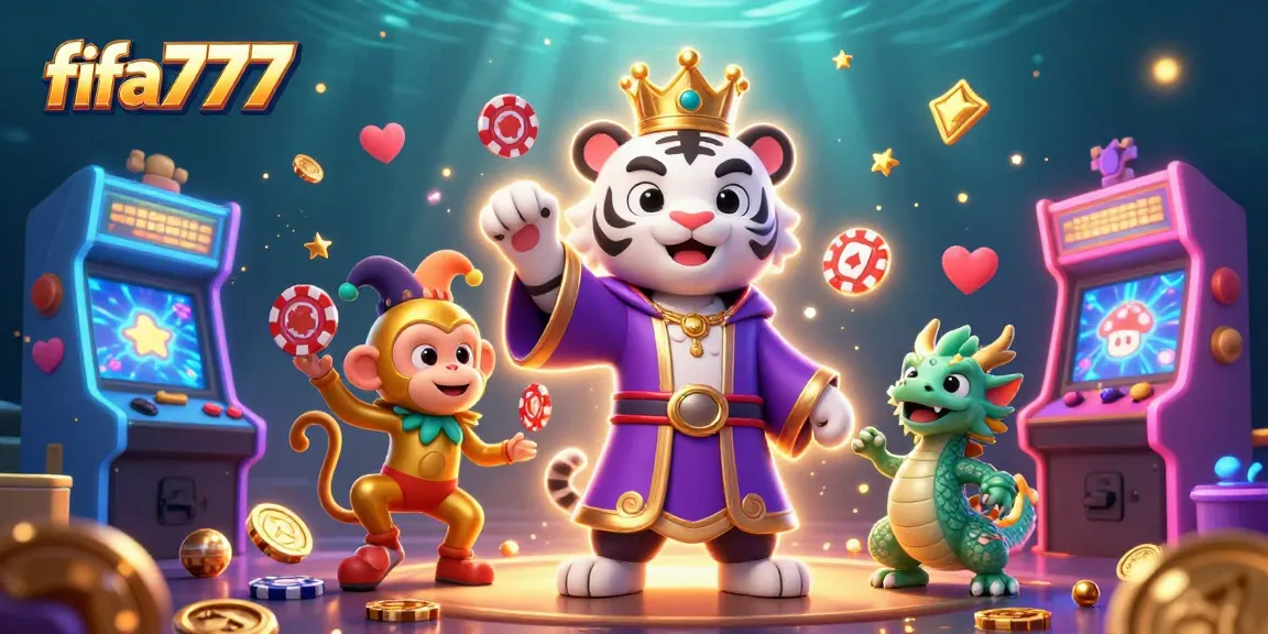 Experience fifa777 with a vibrant 3D scene featuring a royal tiger, monkey, and dragon, celebrating gaming.