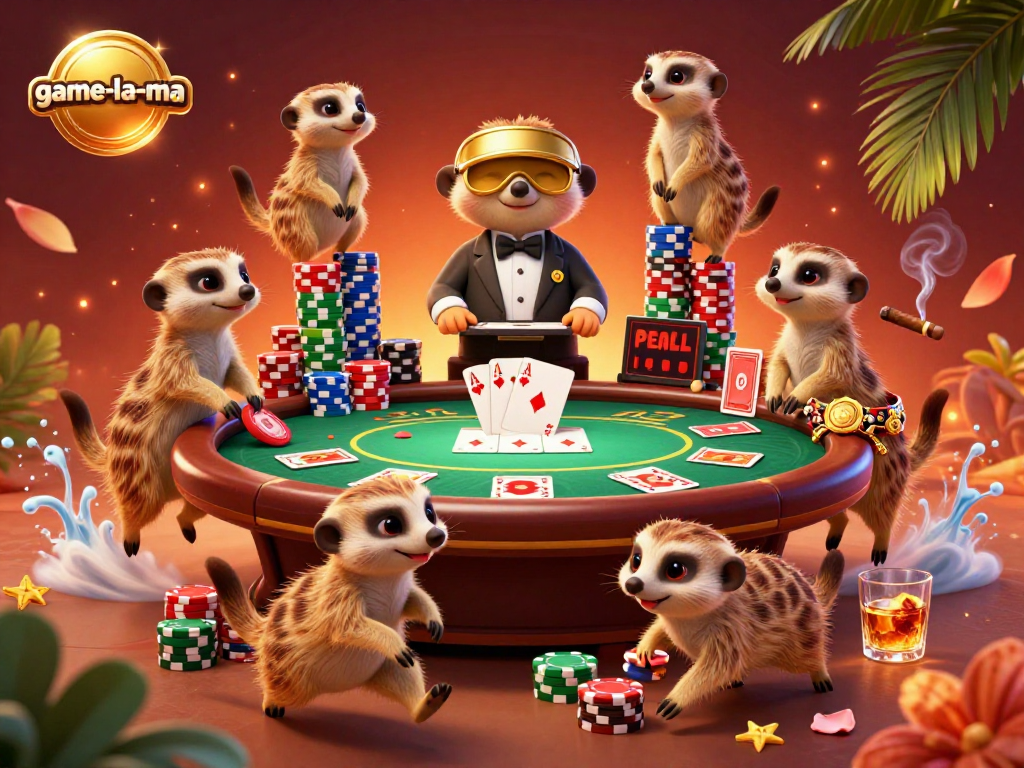 Experience thrilling gameplay at game-la-ma with meerkats mastering poker in a vibrant casino scene.