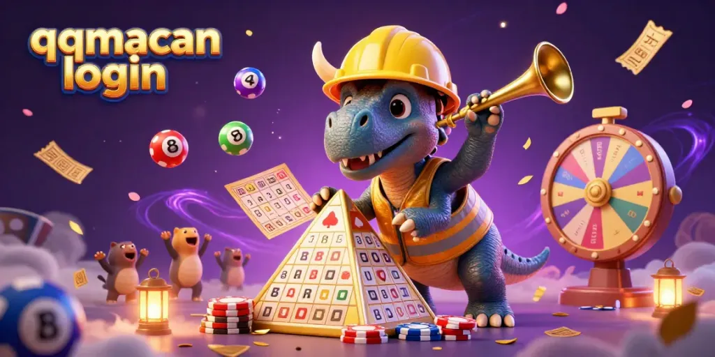 Experience joy at qqmacan login with a 3D triceratops stacking poker chips amid vibrant gambling elements.