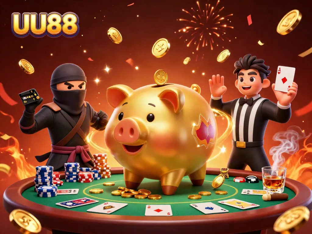 Experience thrilling fun with UU88 as a golden piggy bank wrestler shakes coins at a vibrant casino scene.