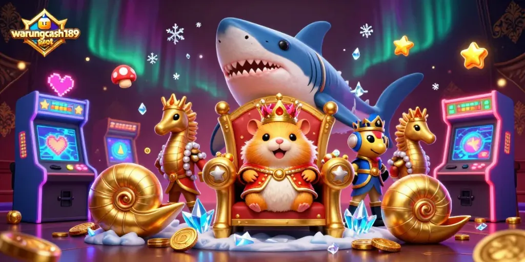 Enjoy exciting gameplay with warungcash189 slot featuring a golden hamster king and colorful arcade elements.