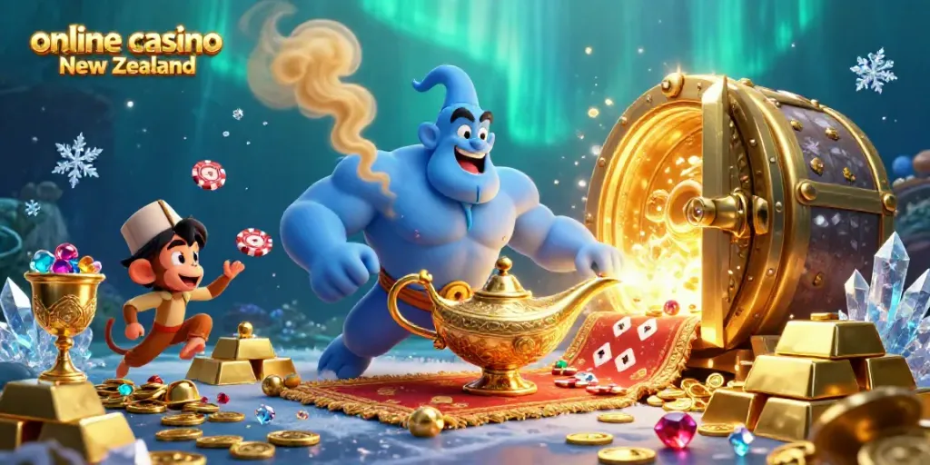 Experience the thrill of online casino New Zealand with a magical genie and treasures overflowing.