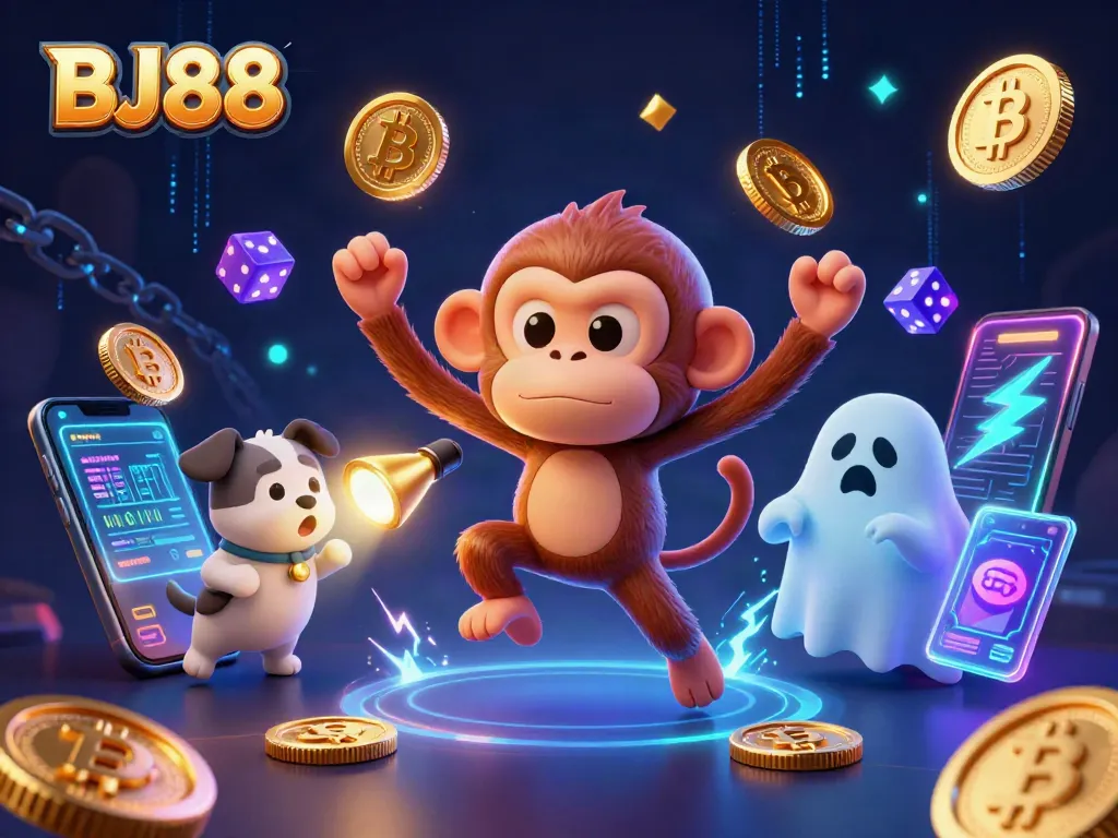 BJ88 Casino scene featuring a mischievous ghost monkey juggling coins and a curious puppy tracking it in a lively gambling environment.